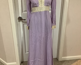 Vintage 70s purple lavendar high waisted boho Prairie deep v neck Bohemian festival dress sz S-M