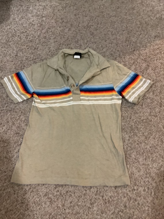 Vintage JC Penny tan striped polo shirt with wood… - image 1