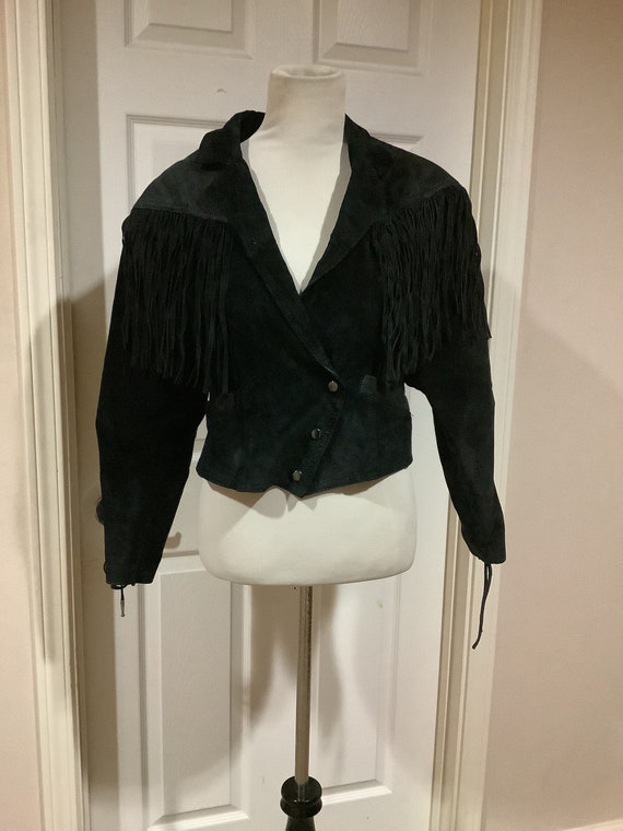 Vintage 80s Black leather Suede Cropped Fringe we… - image 1