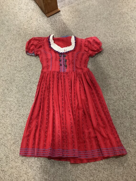 Vintage 80s 90s Red Authentic Tyrolean Dirndl Short Sleeve Check Midi Dress M/L