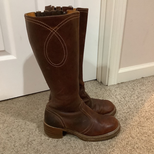 Vintage 70s Frye like brown platform tall boho hippie Woodstock wood stacked heel boots sz 9-10