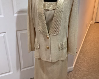 Vintage 80s 90s St John like Toula gold knit 3 pc cami shirt Gold knit blazer jacket & skirt sz 12