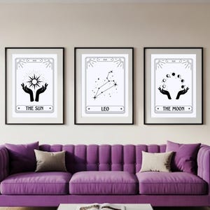 Art mural cartes de tarot du zodiaque - lot de 3 - tous les signes du zodiaque - tarot du soleil et de la lune