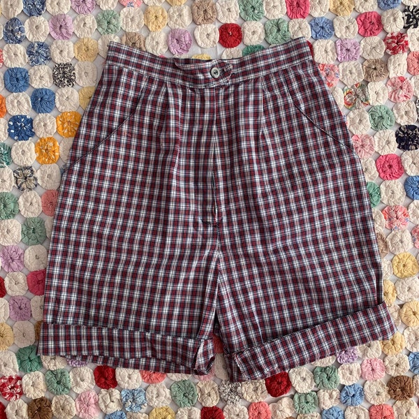 Vintage 60s plaid high-waisted cotton shorts XS