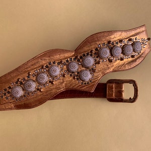 Vintage 70s glam rock gold rhinestone embellished leather kidney cinch belt size small