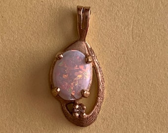 Vintage Mid-Century gold, opal, and diamond drop pendant necklace charm