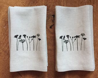 Black Wildflowers Screen Printed Dinner Napkins on 100% Linen, Set of 4, Hostess Gift, Wedding Gift, Mothers Day Gift