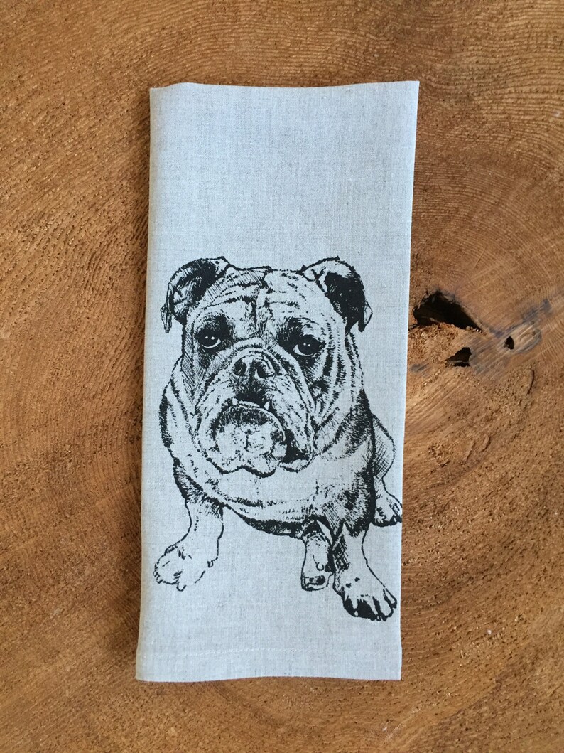 Bulldog Screen Printed 100% Linen Tea Towel,English Bulldog afbeelding 2