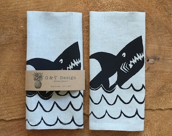Shark! Screen Printed 100% Linen Tea Towel, Nautical, Hostess Gift