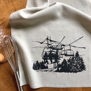 Chairlift Skiers Snowboaders Mountain Slopes Screen Printed 100% Natural  Pre Washed Linen Tea Towel, Hand Towel, Outdoorsy Gift