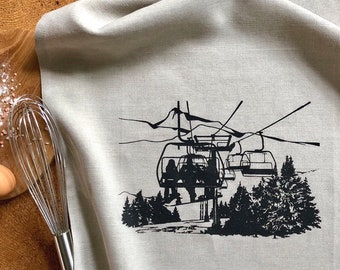 Screen Printed Linen Tea Towel: Chairlift Skiers Design
