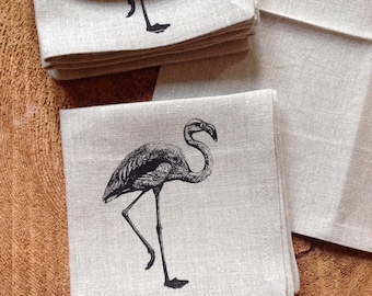 Black Flamingo 100% Linen Cocktail Napkins Screen Printed, Set of 4, Hostess Gift