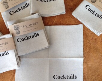 100% Linen Cocktail Napkins Screen Printed on Natural colour with "COCKTAIL" in Black Text, Hostress Gift