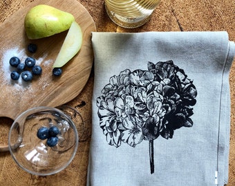 Hydrangea  Flower Screen Printed in Black or Navy Blue onto 100% Natural Linen Tea Towel, Mother’s Day Gift, Botanical