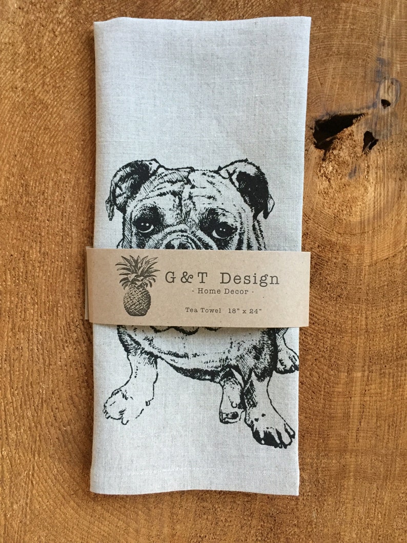 Bulldog Screen Printed 100% Linen Tea Towel,English Bulldog afbeelding 6