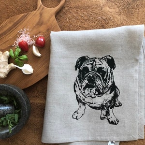 Bulldog Screen Printed 100% Linen Tea Towel,English Bulldog immagine 1