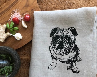 English Bulldog Print 100% Linen Tea Towel: Screen Printed Bullie