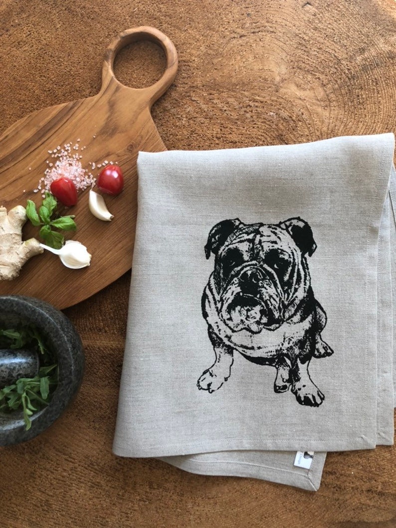 Bulldog Screen Printed 100% Linen Tea Towel,English Bulldog afbeelding 1