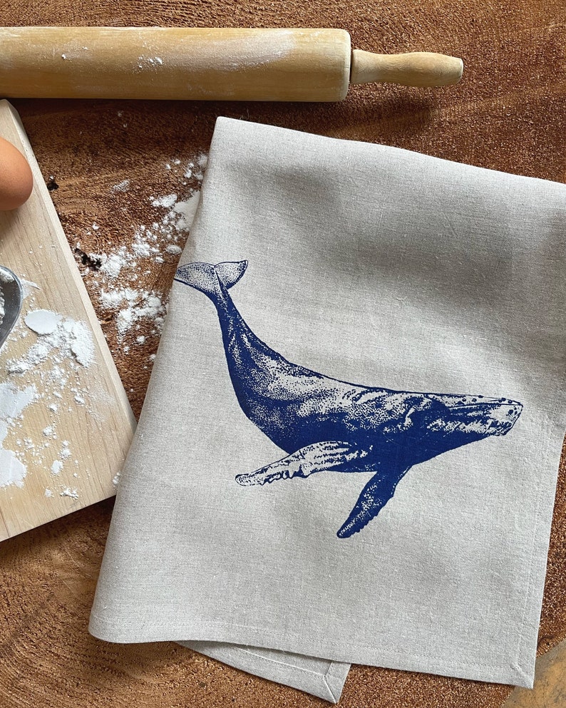 Blue Humpback Whale ScreenPrinted on 100% Linen Tea Towel, Natural Linen or Ivory Linen, Cottage, Westcoast Decor image 3