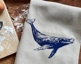 Blue Humpback Whale ScreenPrinted on 100% Linen Tea Towel, Natural Linen or Ivory Linen, Cottage, Westcoast Decor