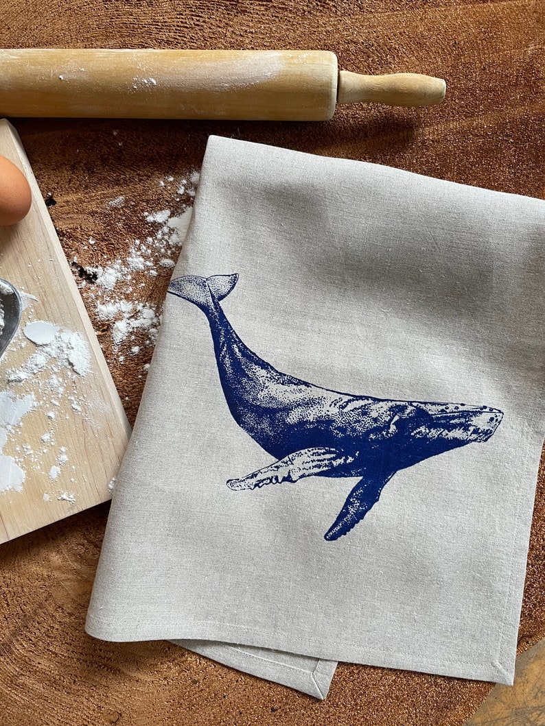 Blue Humpback Whale ScreenPrinted on 100% Linen Tea Towel, Natural Linen or Ivory Linen, Cottage, Westcoast Decor image 1