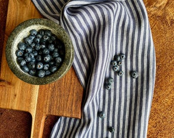 Vintage Blue and Mélange Grey Striped 100% European Linen Tea towel