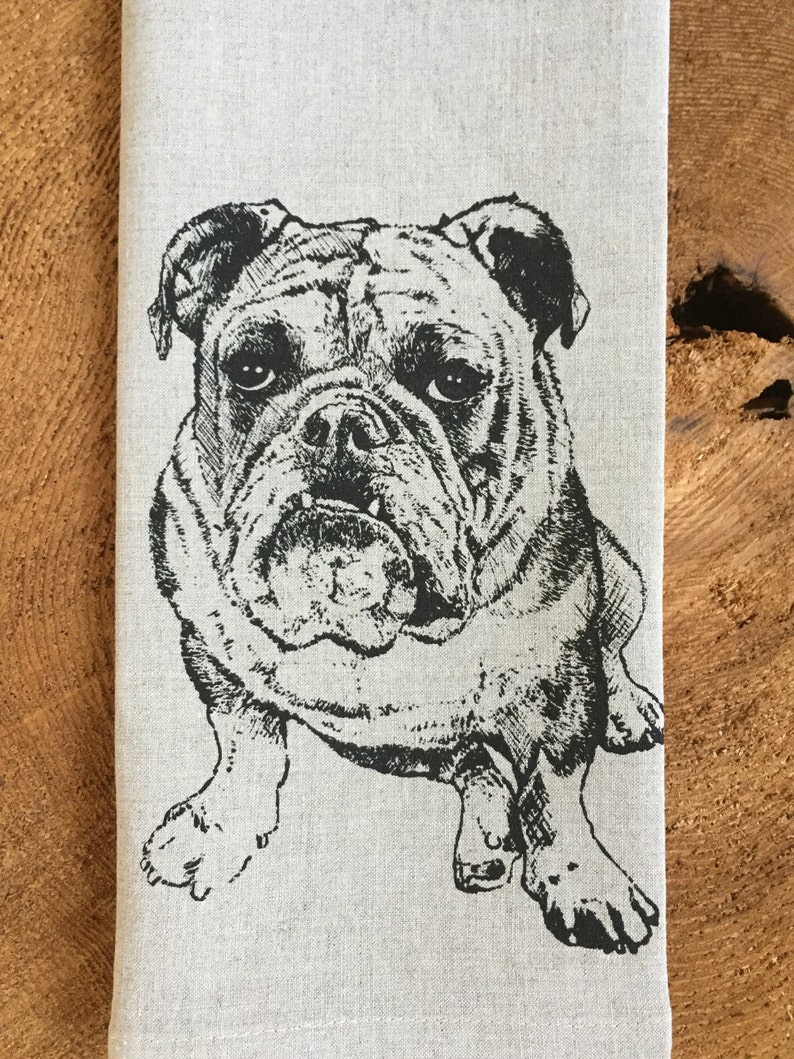 Bulldog Screen Printed 100% Linen Tea Towel,English Bulldog afbeelding 4