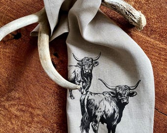 100%  Linen Tea Towel, Screen Printed Highland Cow, Scottish Highland Cattle, Eco Friendly Kitchen Towel