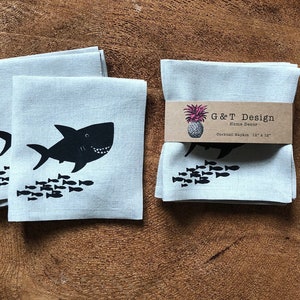 Happy Shark Screen Printed 100% Natural Linen Cocktail Napkins, Set of 4, Party Napkins, Shark image 2