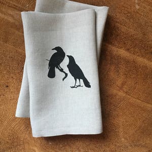 Black Crows Linen Dinner Napkins: Screen Printed Set of Four