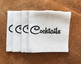 Bring the Cocktail's to Your Next Cocktail Party, 100% Linen Typography Screen Printed ,Set of 4 Cocktail Napkins