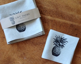 Pineapple Screen Printed Cocktail Napkins, 100% Linen, Set of Four,Hostess Gift