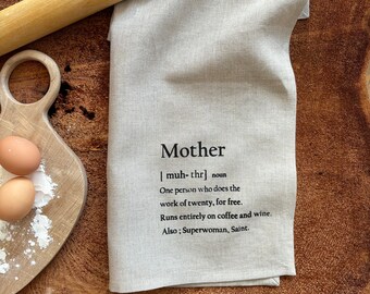 100% Linen Pre Washed Linen ,Screen Printed  Mother Day Tea Towel  Reusable Eco Cloth Kitchen Towel, Black typography , Hostess Gift