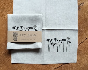 Linen Cocktail Napkins: Black Wildflower Screen Printed, Set of 4 Napkins
