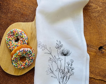 White Linen Tea Towel: Screen Printed Wildflower Design, Handmade in Canada