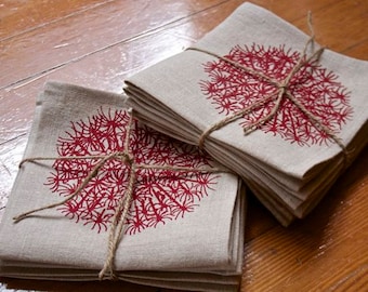 Linen Cocktail Napkins: "Did Someone Say Cocktails" - Hand-Screen Printed Dandelion Design