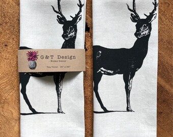 100% Linen Screen Printed Black Deer Tea Towel, Reusable Eco Cloth Kitchen Towel, Woodland, Hostess Gift