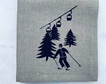 Skier in Powder, Screen Printed 100% Linen Cocktail Napkins, Set of 4 ,Winter Scene, Gondola.