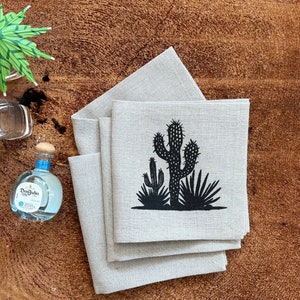 100% Pre Washed Linen Screen Printed Cactus Cocktail Napkins, Set of Four , Hostress Gift, Summer Party Decor image 2