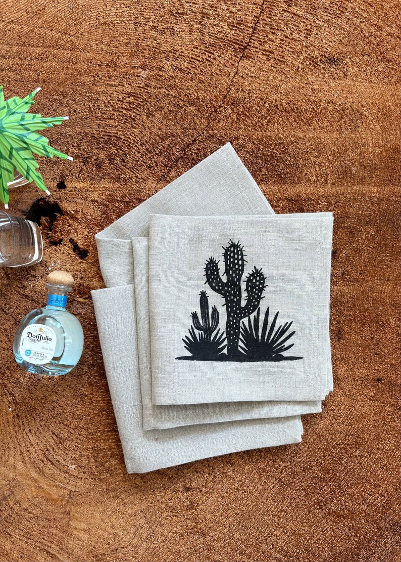 100% Pre Washed Linen Screen Printed Cactus Cocktail Napkins, Set of Four , Hostress Gift, Summer Party Decor image 2