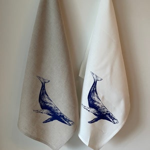 Blue Humpback Whale ScreenPrinted on 100% Linen Tea Towel, Natural Linen or Ivory Linen, Cottage, Westcoast Decor image 4