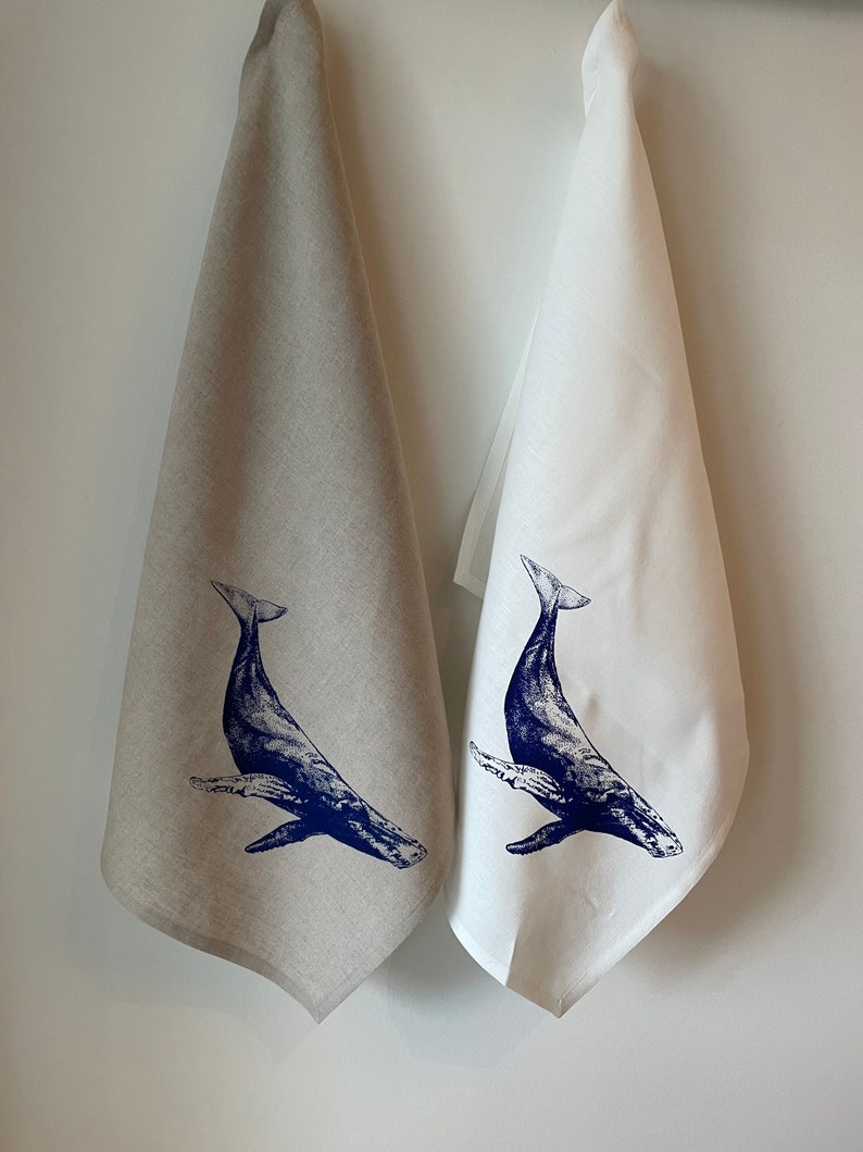 Blue Humpback Whale ScreenPrinted on 100% Linen Tea Towel, Natural Linen or Ivory Linen, Cottage, Westcoast Decor image 4