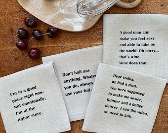 Humorous Linen Cocktail Napkins: Screen Printed Party Napkins, Set of 4