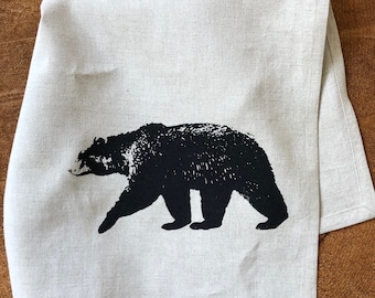 Black Bear Screen Printed onto 100% Linen Cloth Tea Towel, Kitchen Dish Towel, Hostess or Wedding Gift