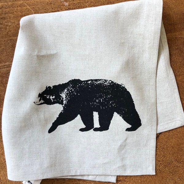 Black Bear Screen Printed onto 100% Linen Cloth Tea Towel, Kitchen Dish Towel, Hostess or Wedding Gift