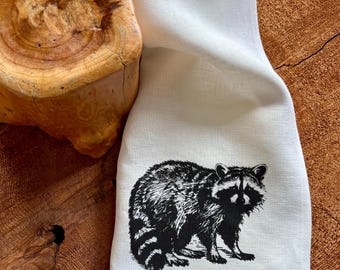 Raccoon Screen Printed onto 100% Linen Tea Towel, Eco Friendly Kitchen Towel
