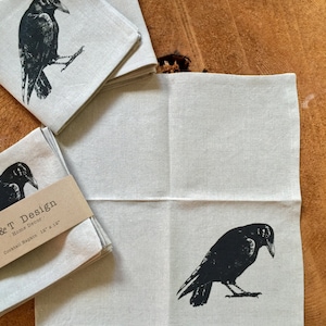 Black Raven Screen Printed Linen Cocktail Napkins - Set of 4