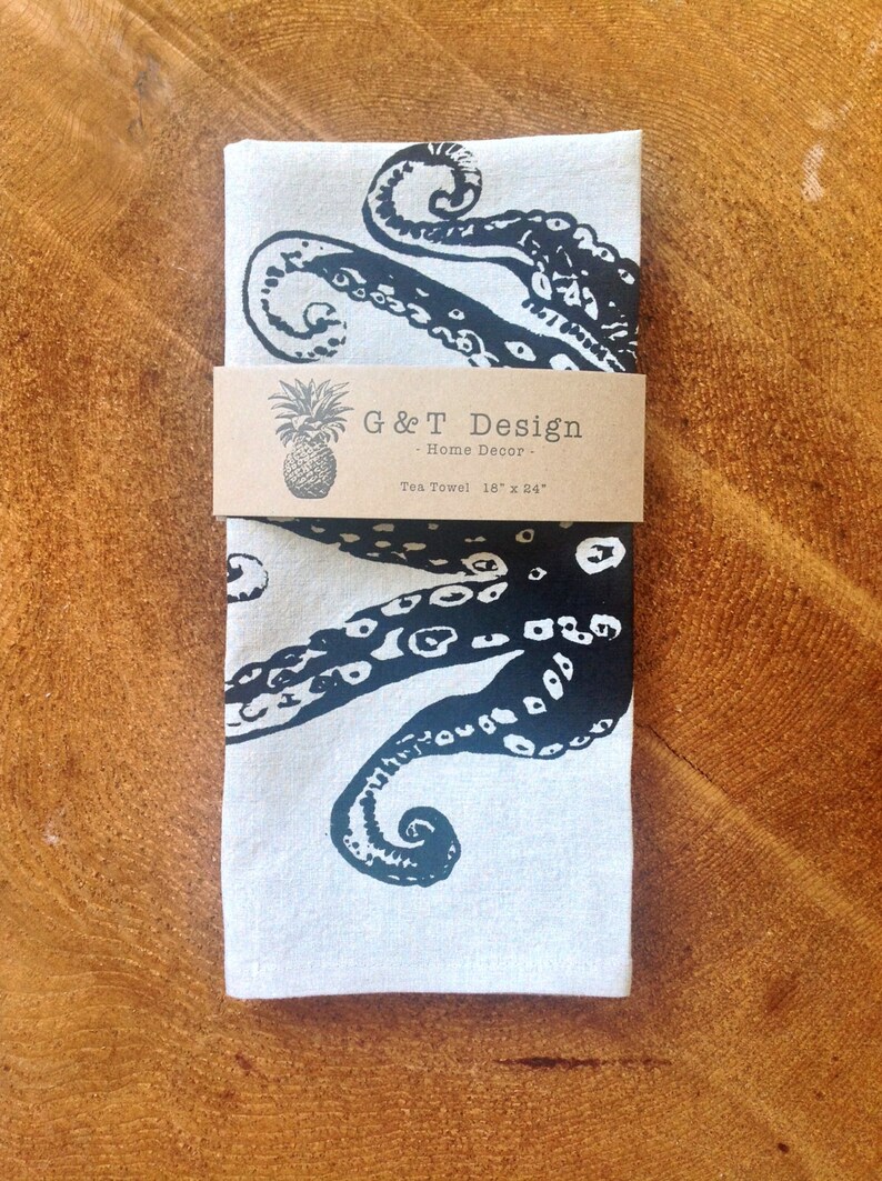 100 % Siebdruck Leinen schwarz Octopus Geschirrtuch, Eco Küche Handtuch, Hostess oder Hochzeitsgeschenk 100 % Siebdruck Leinen schwarz Octopus Geschirrtuch, Eco Küche Handtuch, Hostess oder Hochzeitsgeschenk