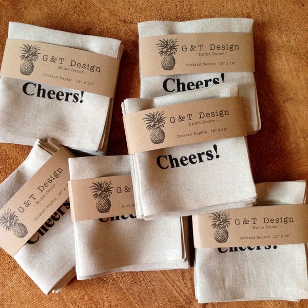 100% Linen Cocktail Napkins Screen Printed with "Cheers!" , Set of 4, Hostess Gift , Wedding Gift