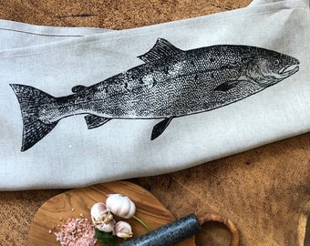 West Coast Vibe Salmon Screen Printed 100% Linen Tea Towel, Father's Day Gift, Hostess Gift, Kitchen Towel